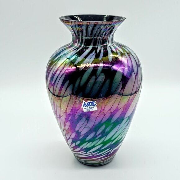 Vintage Handmade Iridescent Amethyst Art Glass Vase - Picture 2 of 6